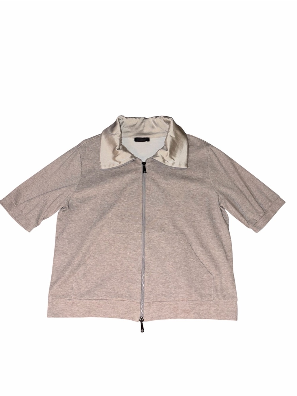 EUC Peserico Light Beige Short Sleeve Zip Jacket Silk Collar Size 50 XL
